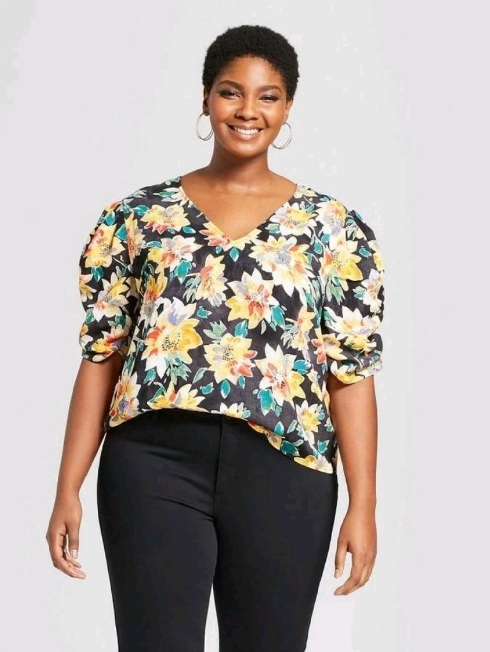 Ava & Viv Floral Blouse Plus Size 2x Black Yellow Ruched Sleeve